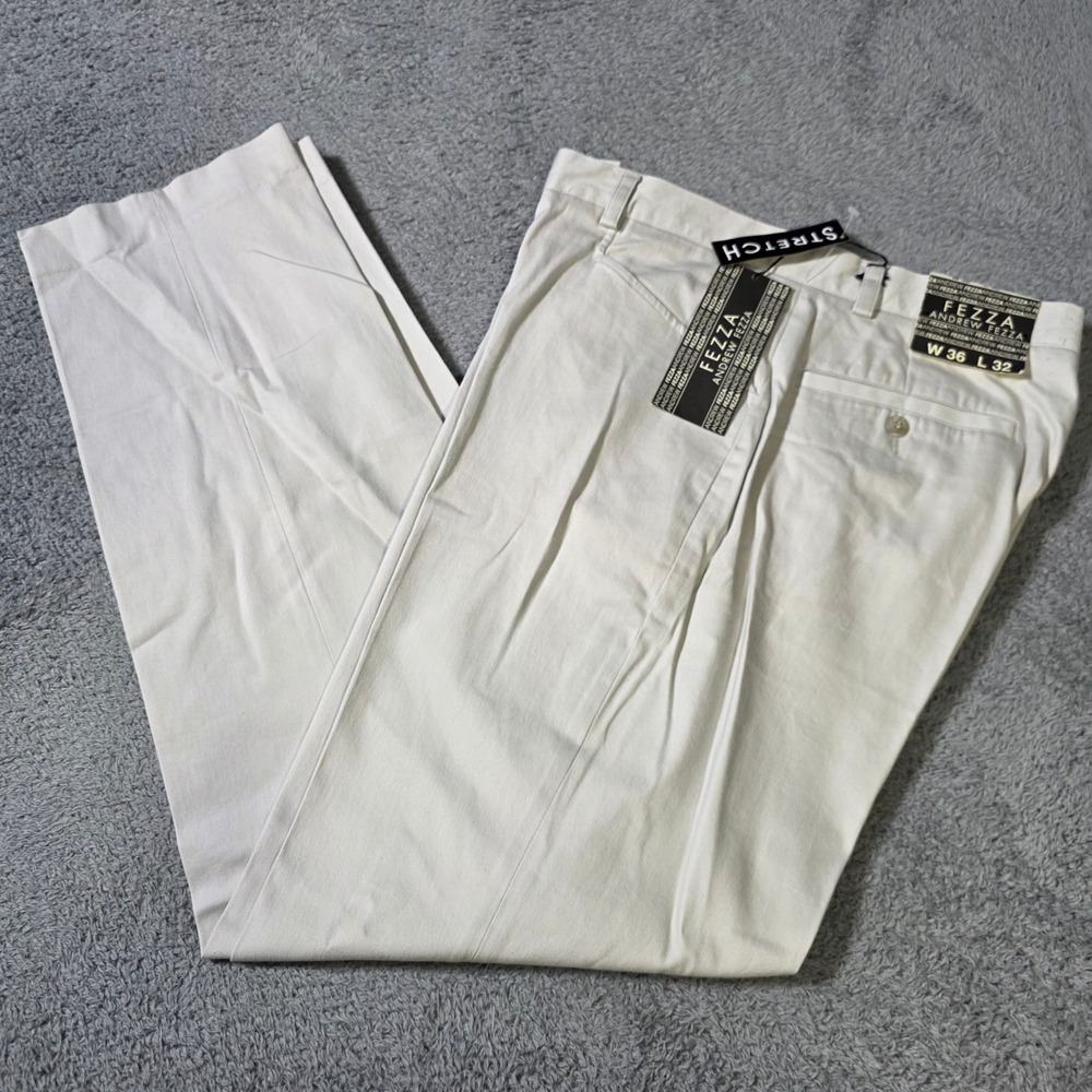 Andrew Fezza Mens 36x32 Dress Pants Cream Stretch Cotton Flat Front Trousers